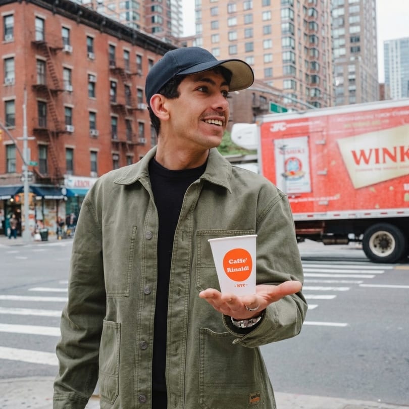 Man in a cap and green jacket holding a Caffe Rinaldi cup on a city street.