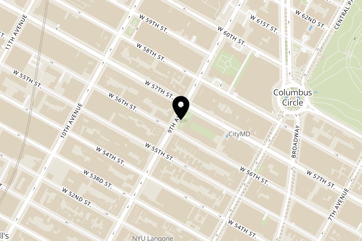 Map showing the location of Caffe' Rinaldi on 866 9th Ave in New York